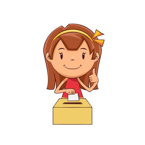 Child voting, cute kid, ballot, making, suggest, box, holding, sheet of paper, polling, decision, election, political, suffrage, young woman, girl, person, thumbs up, happy cartoon character, vector illustration, isolated, white background