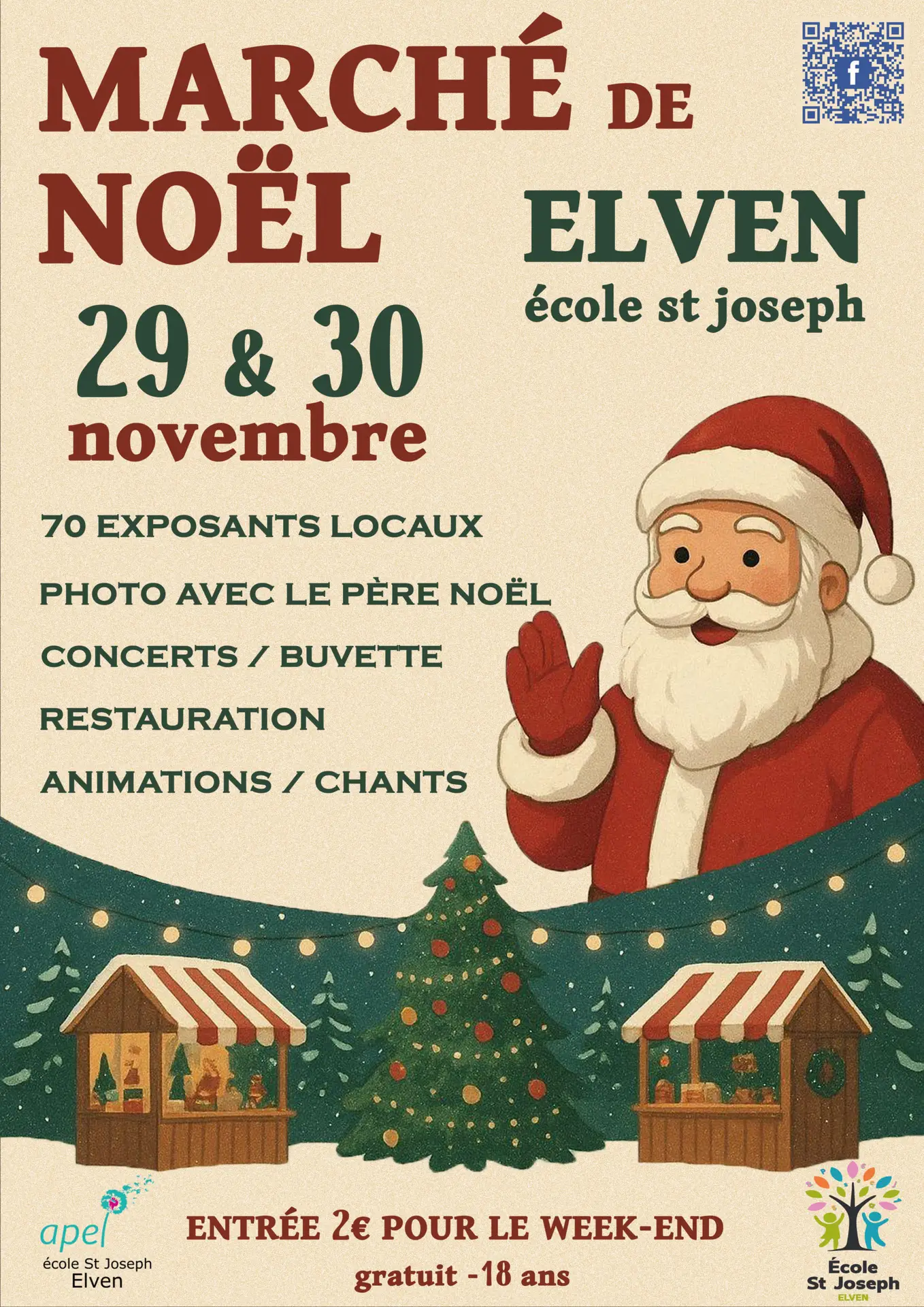 affiche du marché de noël de l'école St Joseph à Elven du 29 au 30 novembre 2025