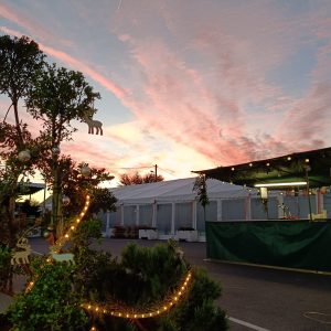 Les chapiteaux montés avec le couché de soleil