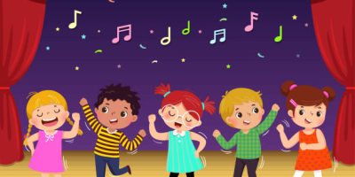 Group of kids dancing and singing a song on the stage. Childrenâs performance.