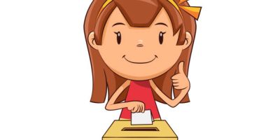 Child voting, cute kid, ballot, making, suggest, box, holding, sheet of paper, polling, decision, election, political, suffrage, young woman, girl, person, thumbs up, happy cartoon character, vector illustration, isolated, white background